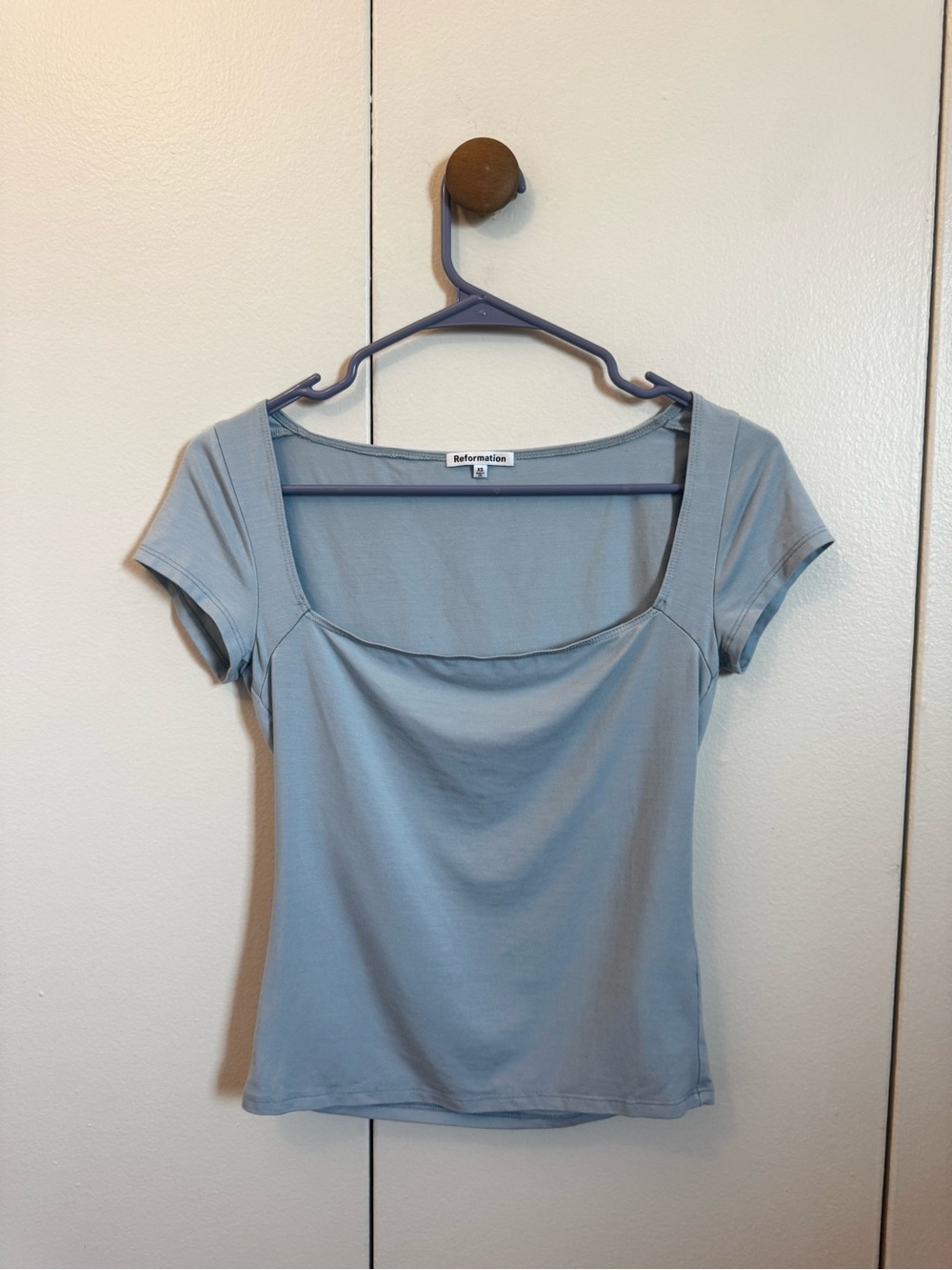 NWOT Reformation Pale Blue Bardot Square Neck Cap Sleeve Tee